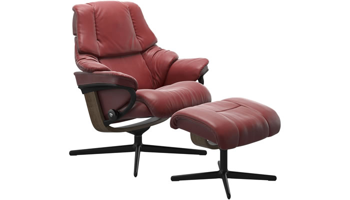 Stressless Reno with Cross Base and Stool in Cori Brick Red Leather
